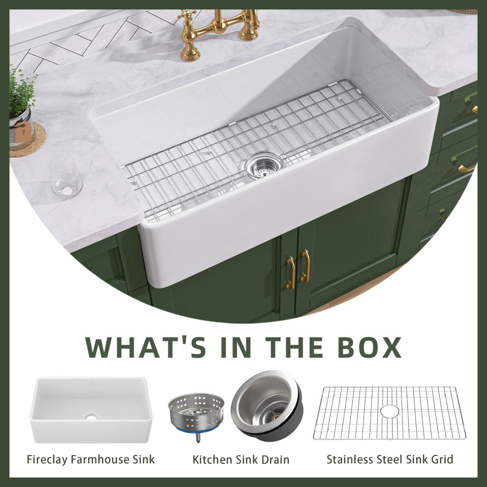 36" Fireclay White Kitchen Farmhouse Single Bowl Sink