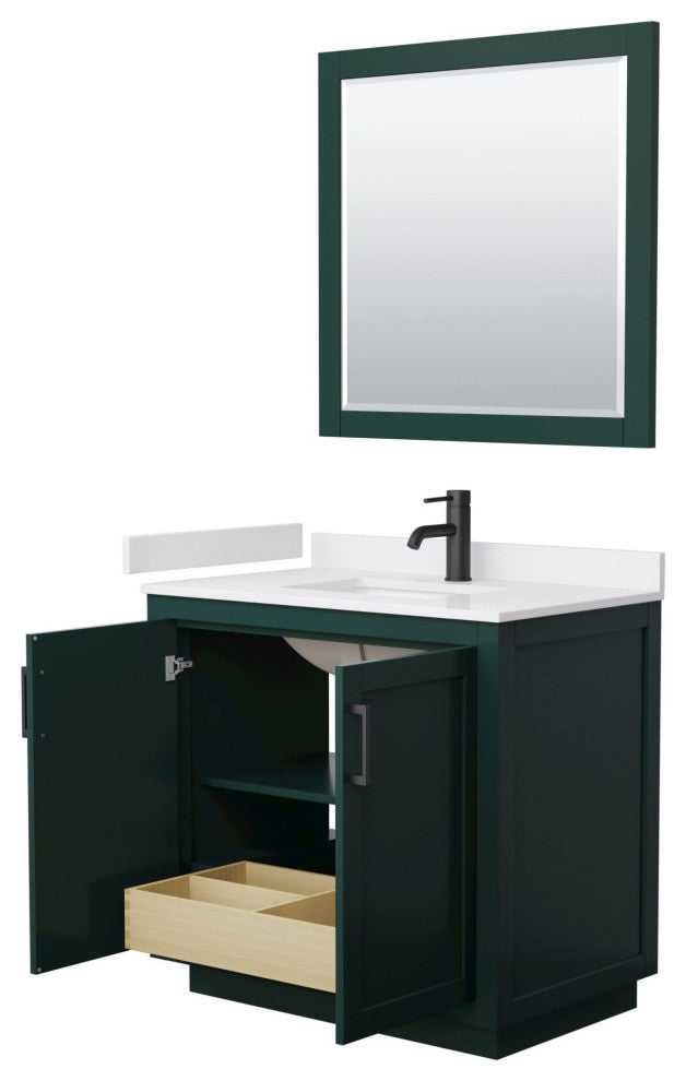 36"SGL Vanity Dark Blue, White Cult. Marble Top, Sink, Gold Trim, 34"Mirror