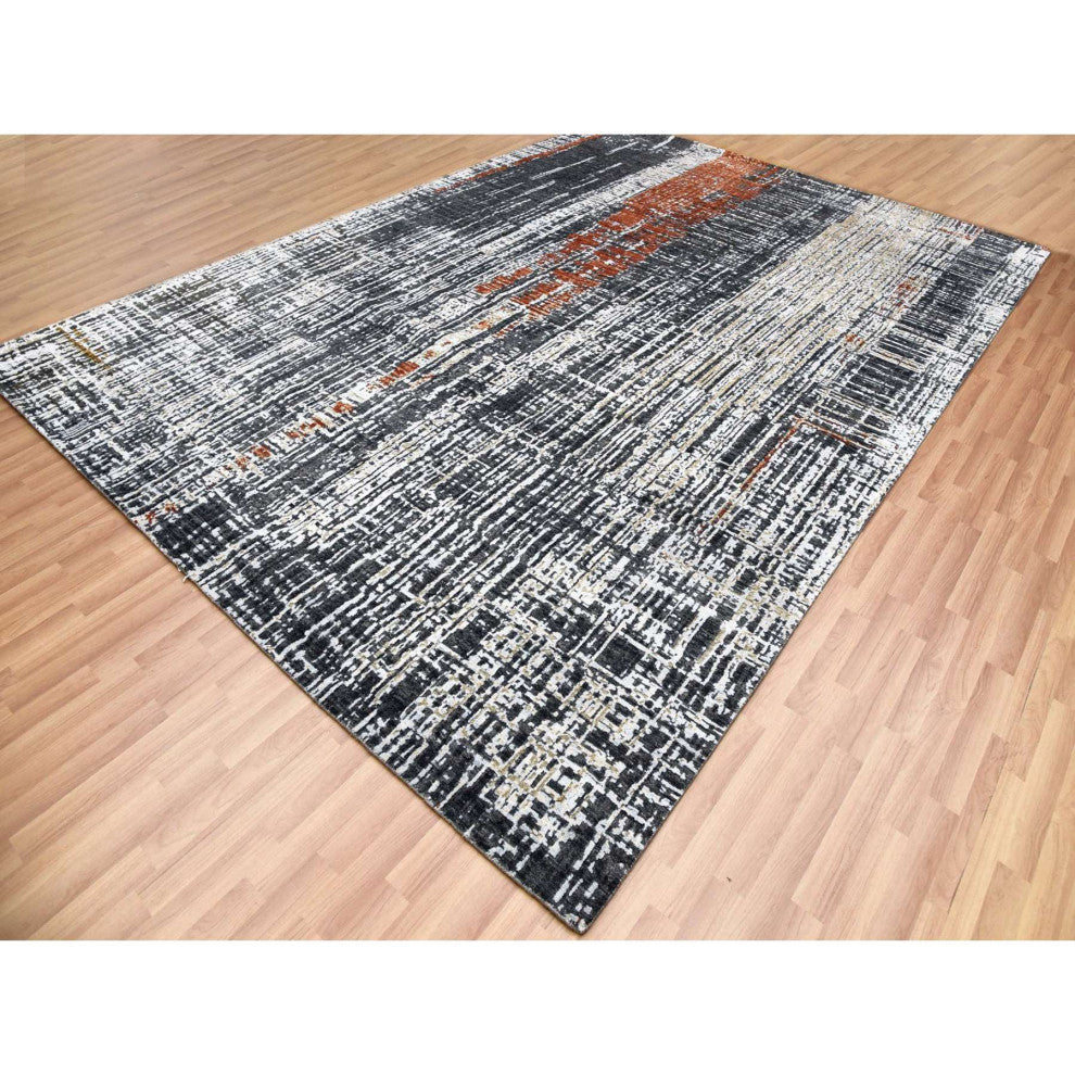 Jet Black, Organic Wool Hand Knotted, Abstract Design Oriental Rug, 9'0"x12'4"