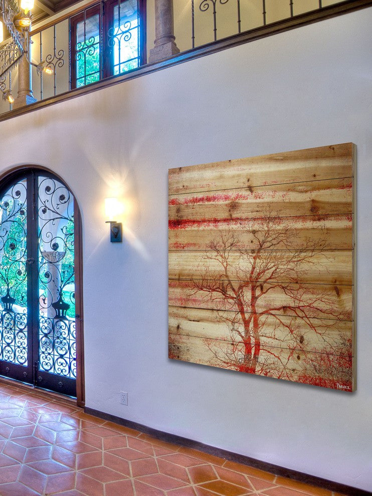 "Red Branches" Print on Natural Pine Wood, 24"x24"