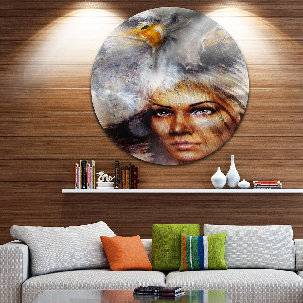 Woman With Flying Eagles, Portrait Round Wall Art, 11"