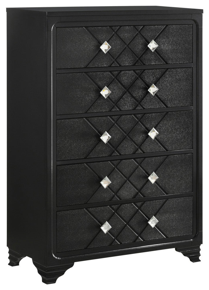 Benzara BM280368 Modern Glam Tall Dresser Chest, 5 Drawers Diamond Knobs, Black
