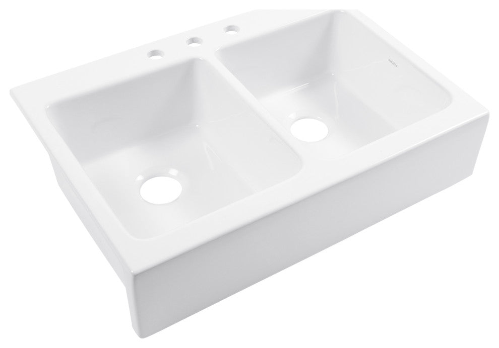 Parker White Fireclay 34"³ Double Bowl Quick-Fit Farmhouse Drop-in Kitchen Sink