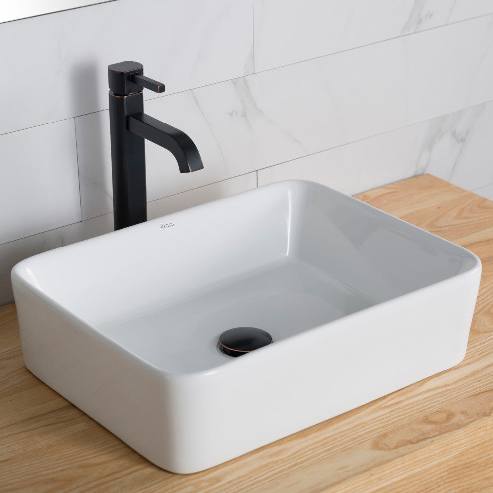 Elavo Square Ceramic Vessel Sink, Bathroom Ramus Faucet, PU Drain, Oil Rubbed Bronze