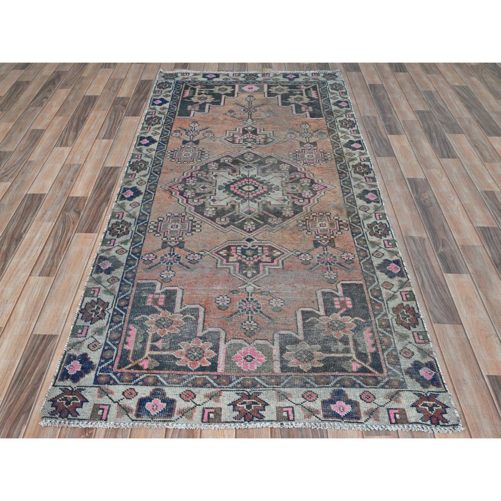 Light Coral Vintage Persian Bakhtiar Hand Knotted Pure Wool Rug, 3'10"x7'8"