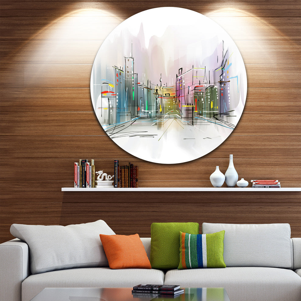 City In A Distance Illustration, Cityscape Round Wall Art, 11"