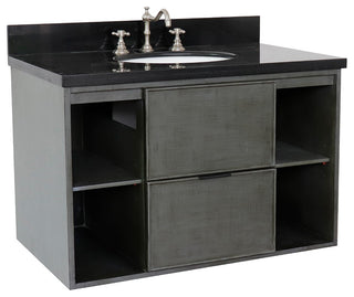 37" Single Wall Mount Vanity, Linen Gray Finish With Black Galaxy Top