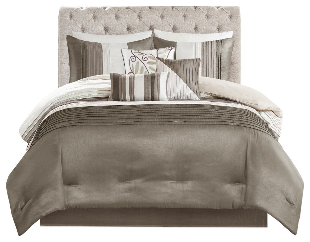 Madison Park Polyoni-Pieced And Pleated 7-Piece Comforter Set, Khaki