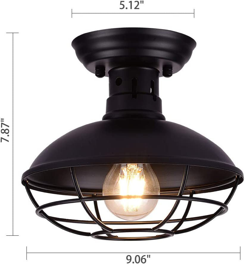 Vintage Industrial Semi Flush Mount Ceiling Light Fixture Farmhouse Black Cage