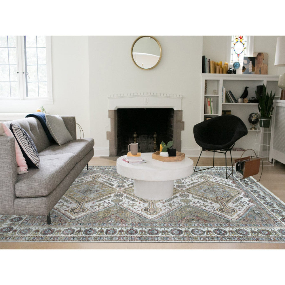 Pearl White Hand Knotted Unique Flower Rosettes Border Oversized Rug 13'8"x17'9"