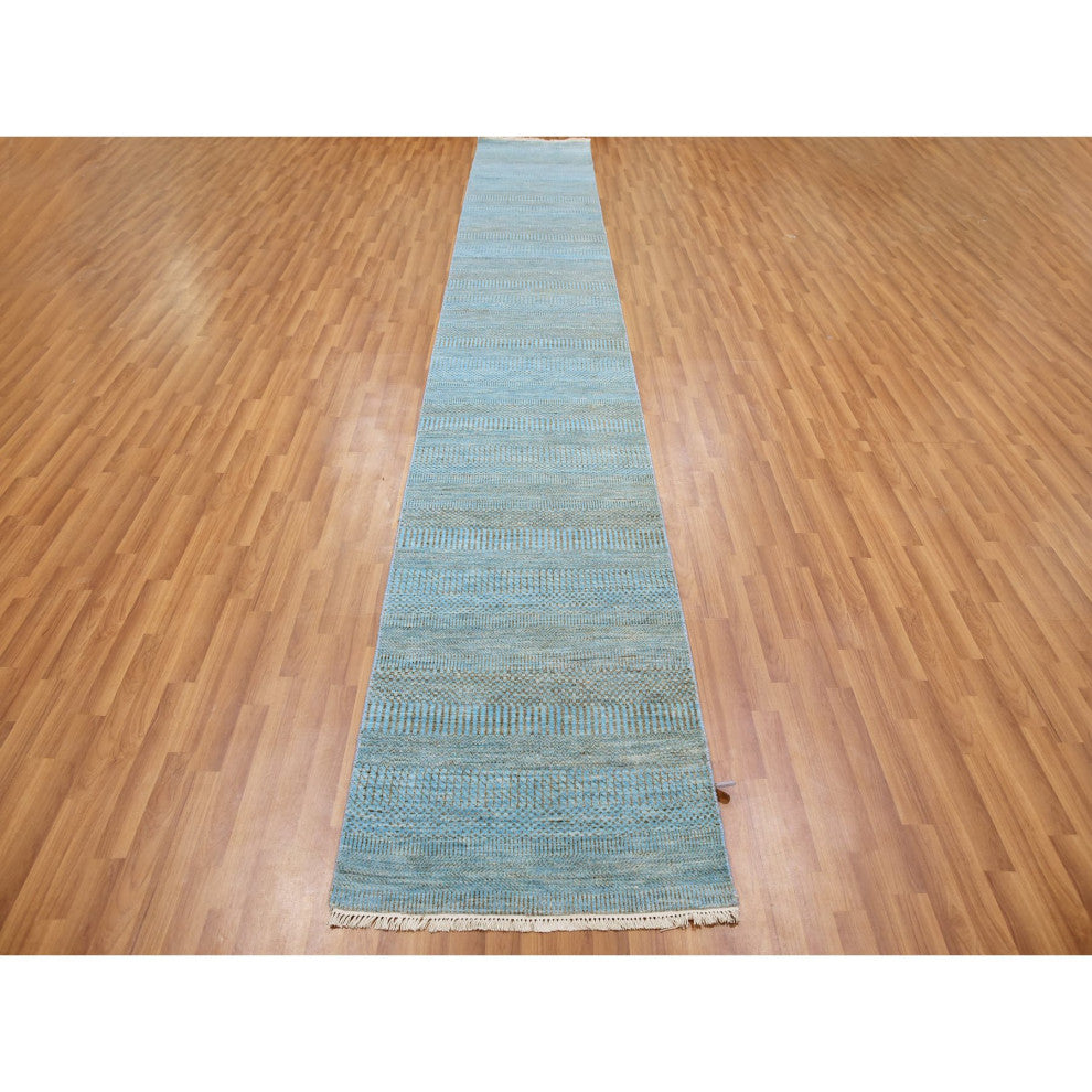 Blue Hand Knotted Dyed Wool and Silk Grass Design XL Runner Rug  2'6"x16'3"