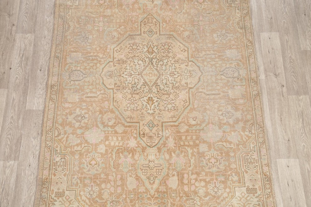 Consigned, Handmade Persian Worn Oriental Faded Vintage Area Rug, Brown, 5'x9'