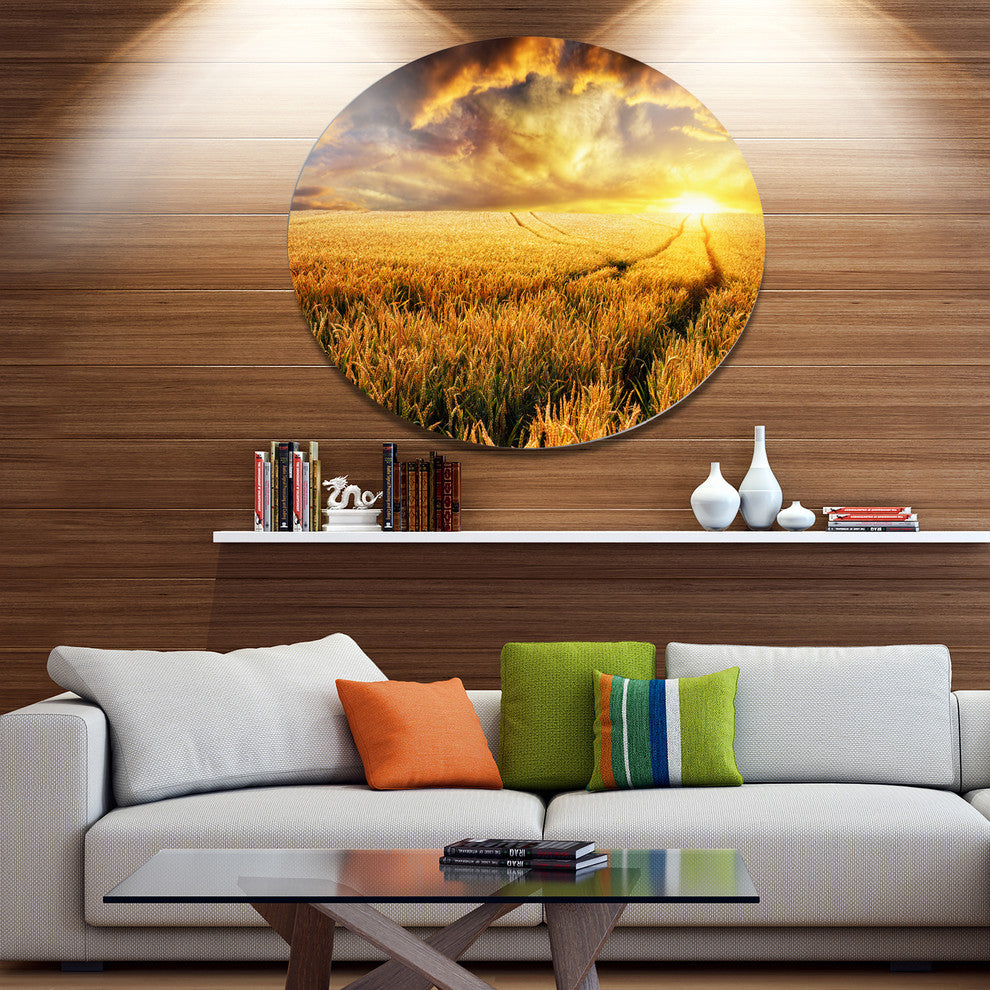 Amazing Sunset Over Yellow Field, Landscape Round Wall Art, 11"