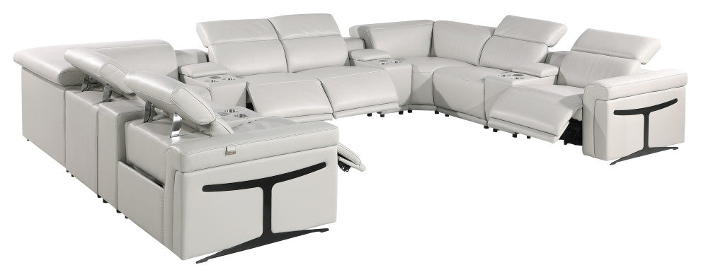 GIOVANNI 12-Piece, 4-Power Reclining Italian Leather Sectional, Light Gray