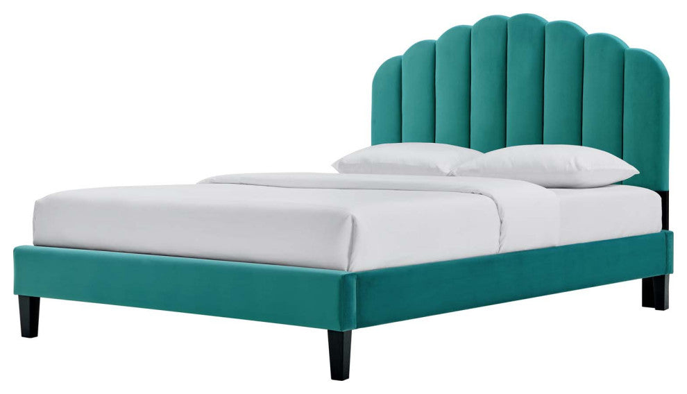 Platform Bed Frame, King Size, Teal Blue, Velvet, Modern, Bedroom Guest Suite