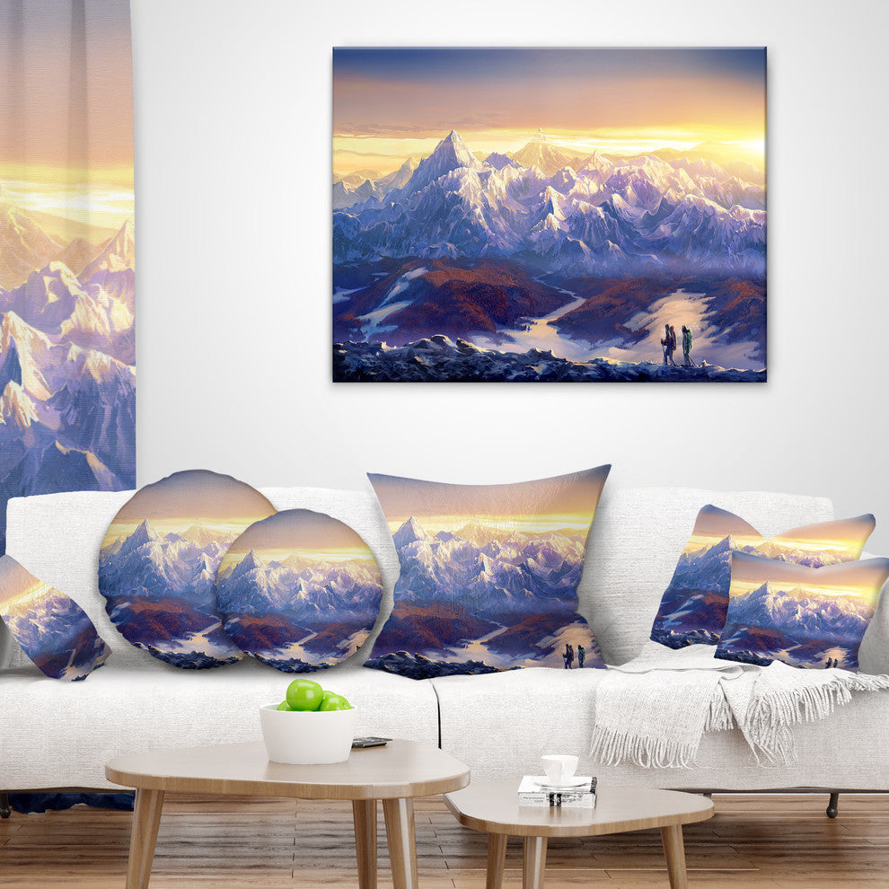 Winter Mountains With Tourists Landscape Printed Throw Pillow, 16"x16"