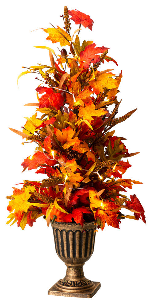 36"H Fall Lighted Maple Leaves Urn Potted Porch Tree, 20 Warm White Lights
