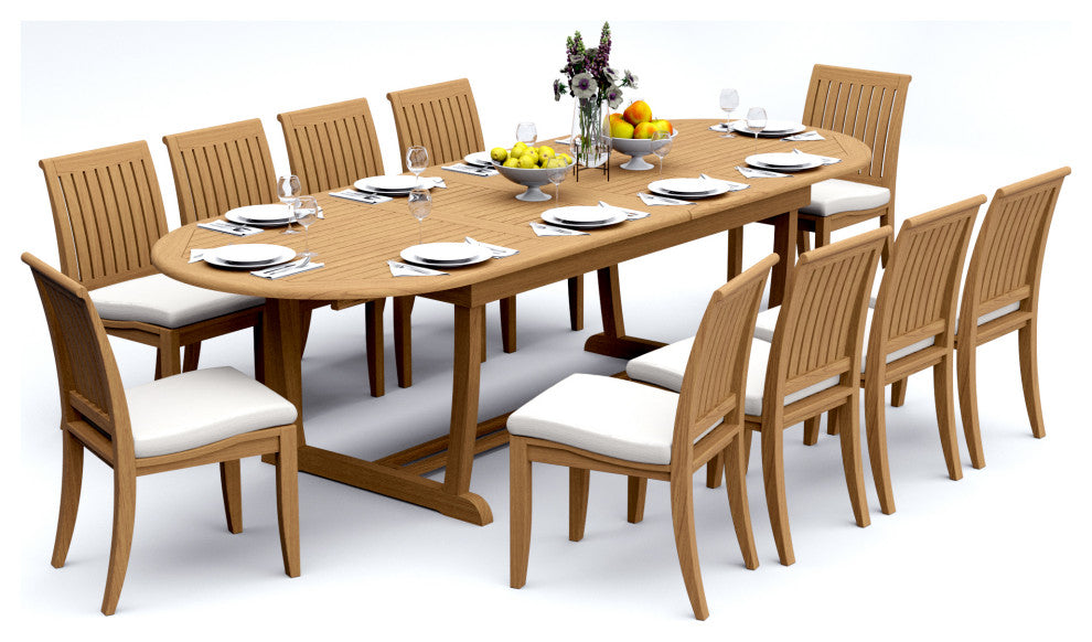 11-Piece Outdoor Teak Dining: 117" Masc Oval Extn Table, 10 Lagos Armless Chairs