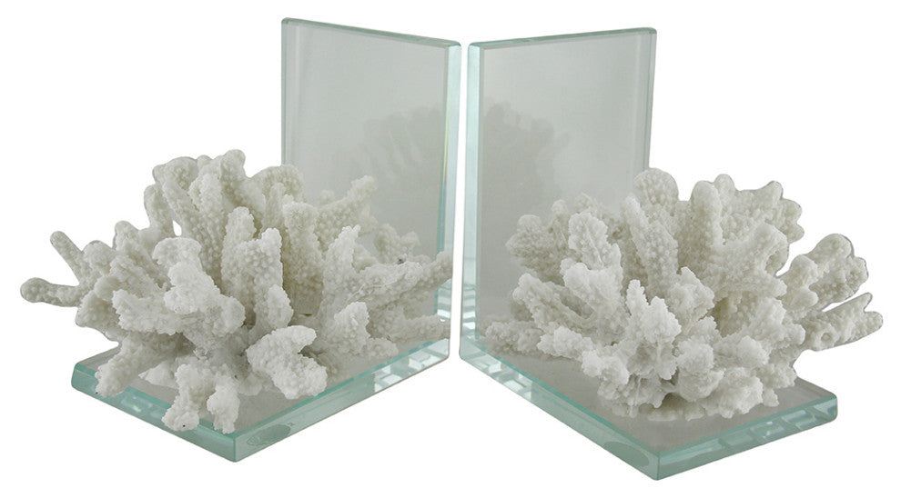 2-Piece White Coral On Glass Coastal Bookend Set