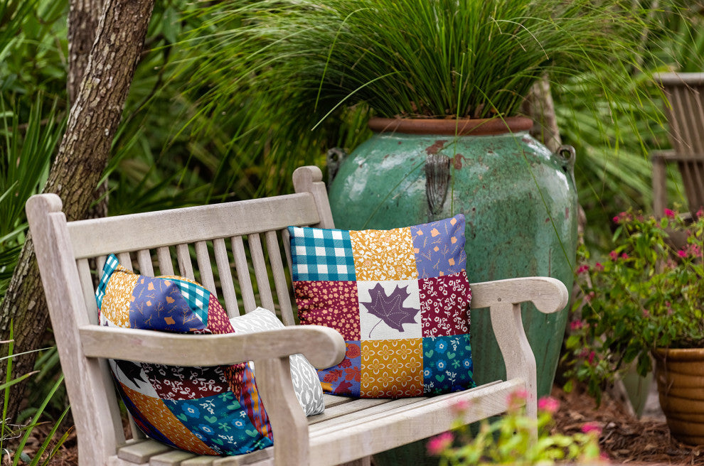 Printed Quilt Leaves Indoor/Outdoor Throw Pillow, Larkspur, 18"x18"