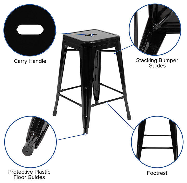 24" Metal Counter-Height Indoor Bar Stool, Stackable Set of 4, Black