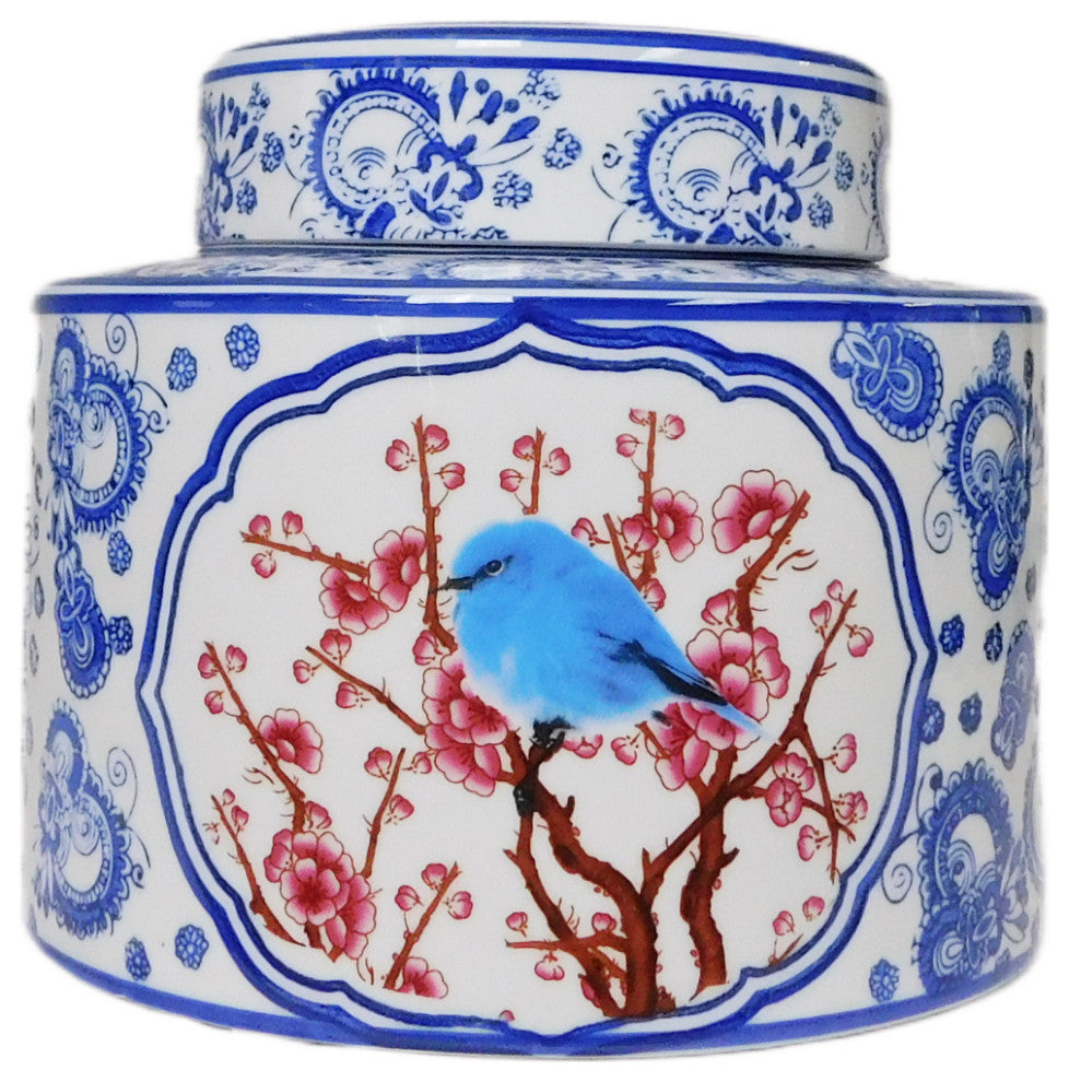 Decorative Blue and White Oriental Po Chu Round Jar