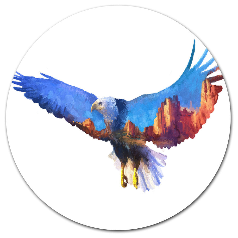 Eagle Double Exposure Illustration, Animal Round Wall Art, 23"