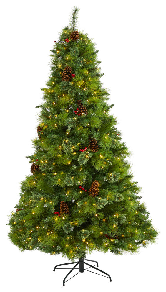 7' Montana Mixed Pine Faux Xmas Tree With Pine Cones, Berries & 500 Clear Lights