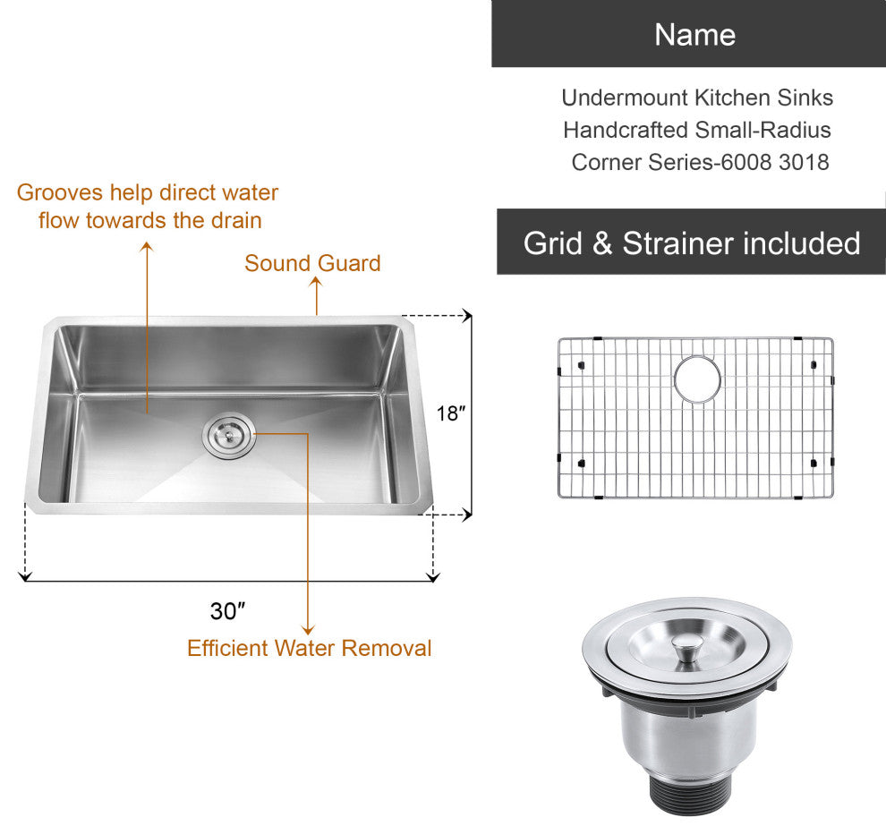 Dowell Undermount Single Bowl Stainless Kitchen Sink - Small Radius, 28w X 16l X 10d