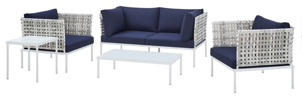 Lounge Sectional Sofa Chair Table Set, Sunbrella, Aluminum, Blue Navy, Outdoor