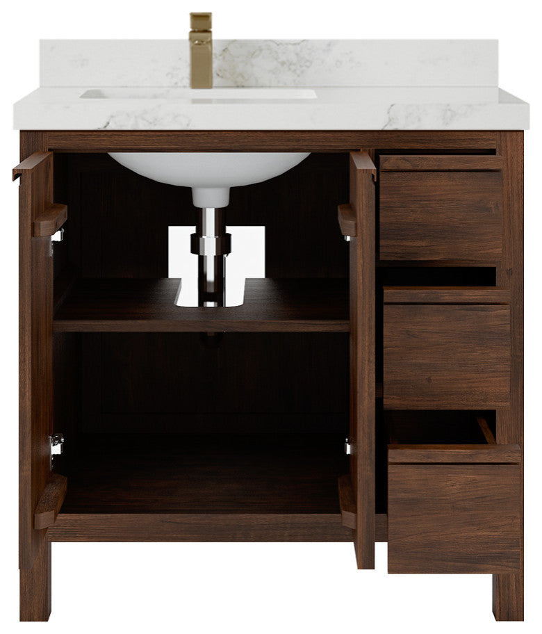 Elizabeth 36 Left Offset Bath Vanity in Dark Walnut Teak 2" Calacatta Nuvo