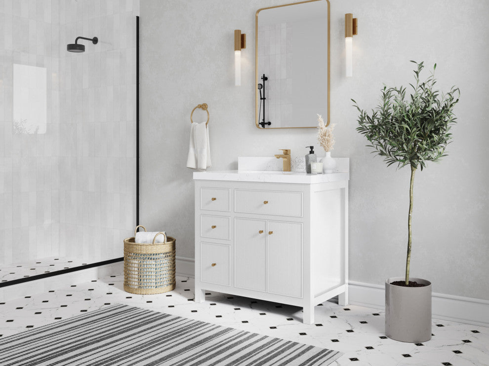 Sonoma 36 Center Sink Reeded Bath Vanity in White 2" White Quartz
