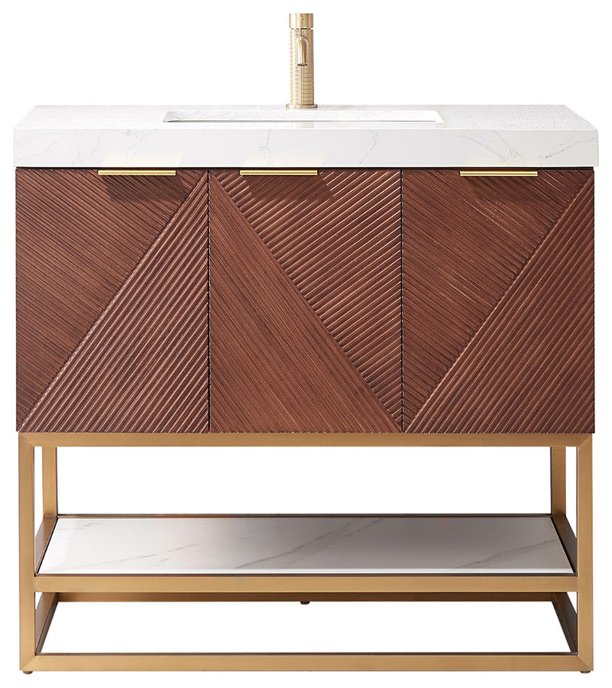 Mahon Bath Vanity, Stone Top, Brushed Gold Base, 36", Single Vanity, No Mirror