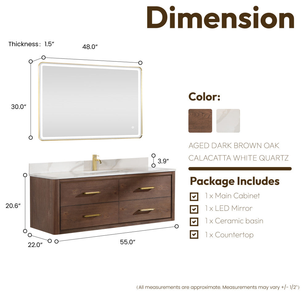 Cristo Floating Bath Vanity With Stone Top, Aged Dark Brown Oak, 55in., With Mirror