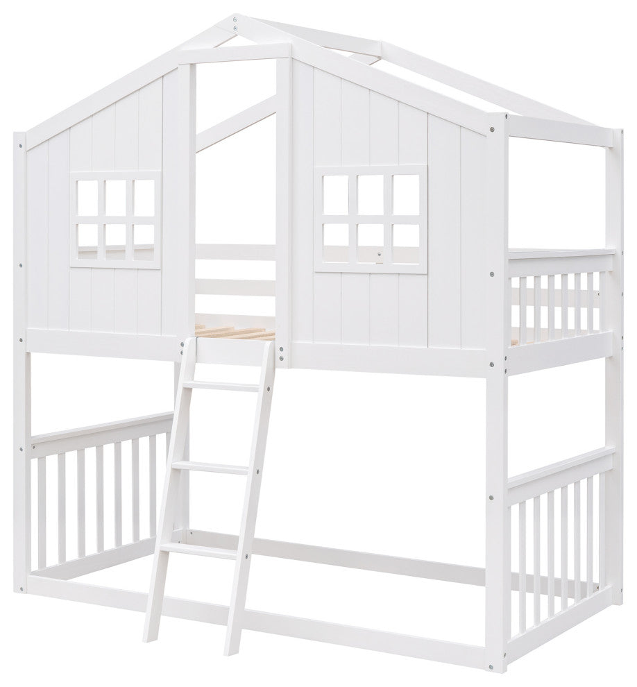 Gewnee Wood Twin Over Twin House Bunk Bed With Ladder in White