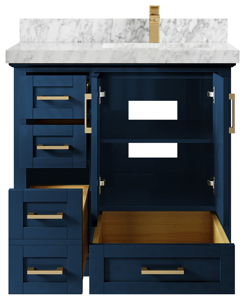 Boston 36 Right Offset Bath Vanity in Navy Blue 2" Carrara Marble