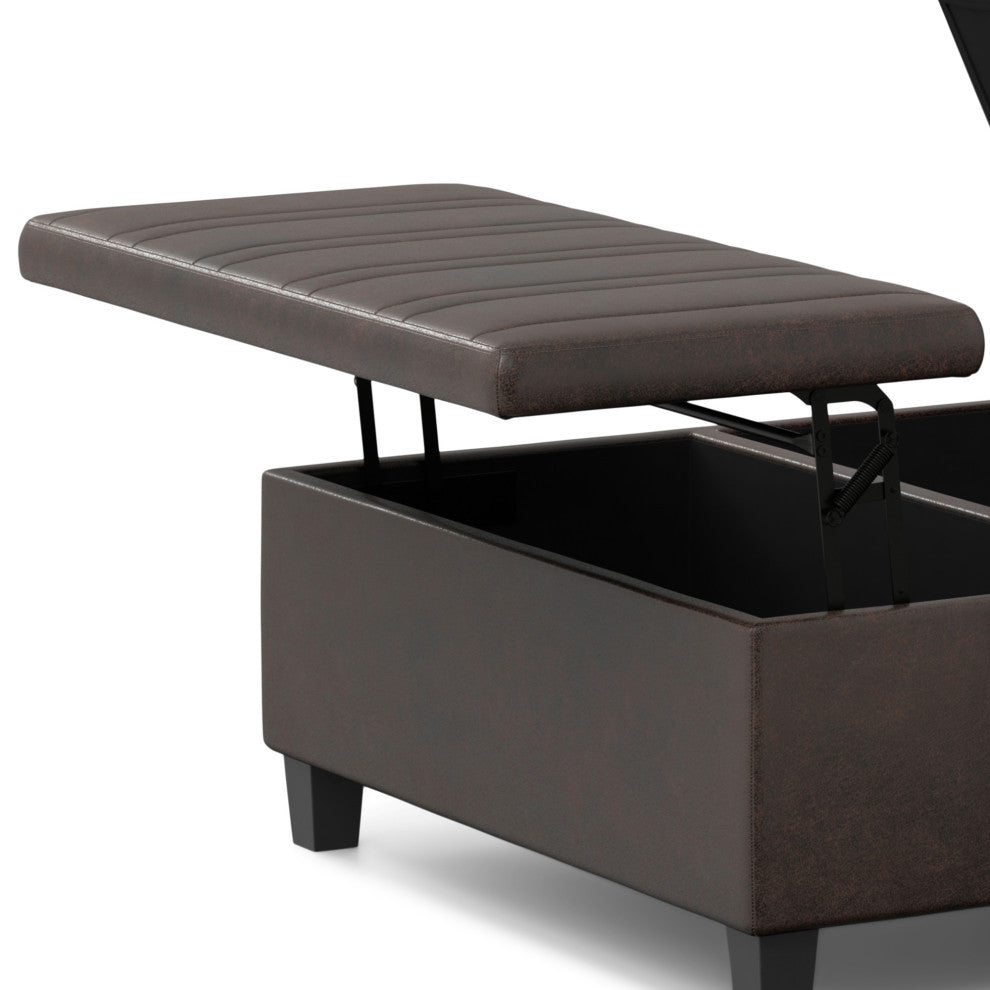 Ellis Coffee Table Storage Ottoman, Distressed Brown Vegan Faux Leather