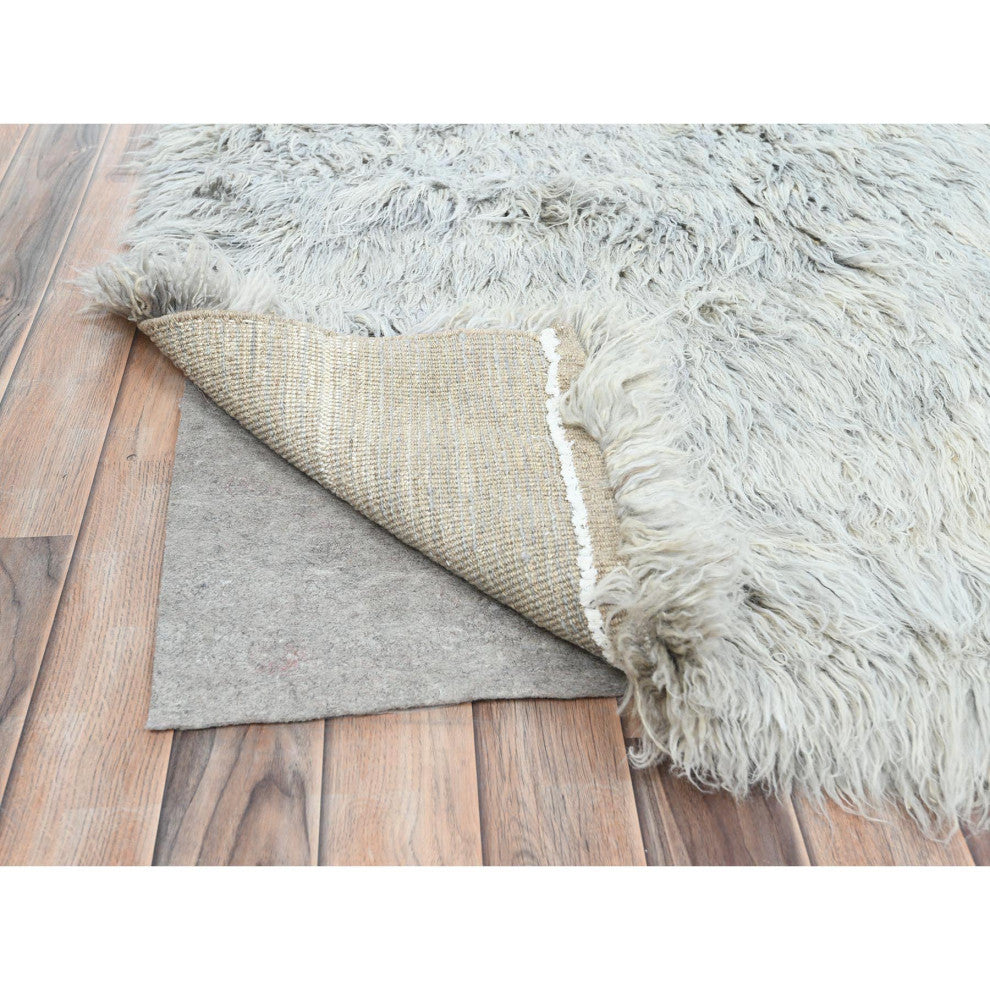 Blueish Gray, Shaggy Moroccan, Undyed Natural Wool Hand Knotted Rug, 8'0"x9'9"