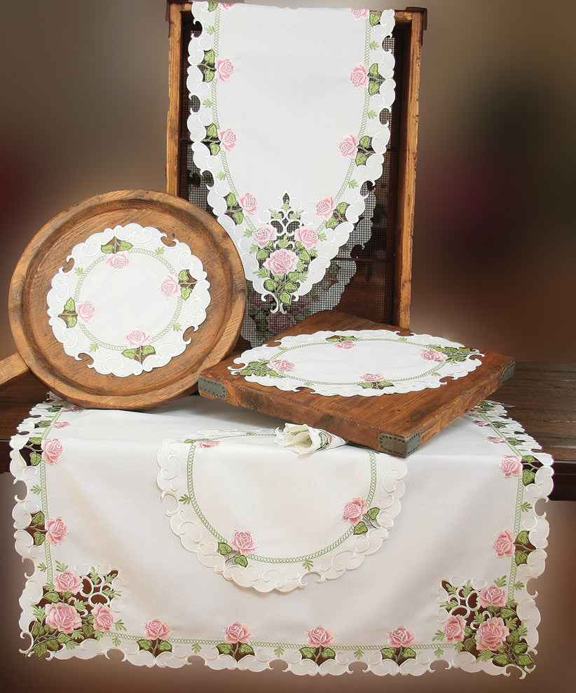 Summer Rose Embroidered Cutwork Spring Table Runner, 16"x34"