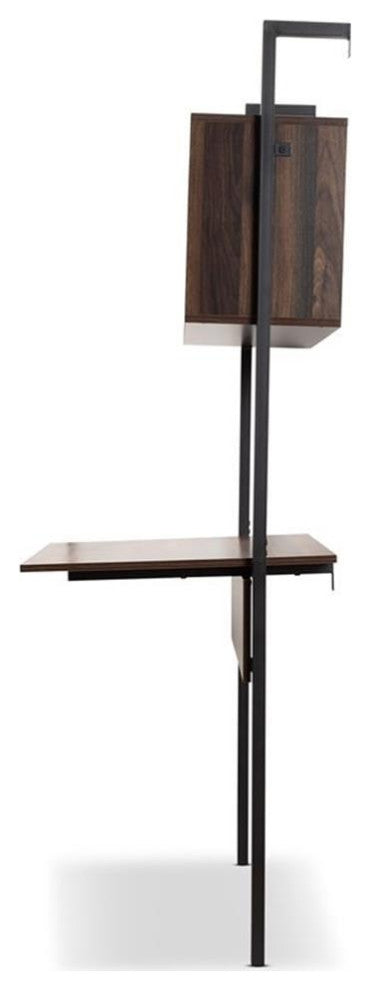 Fariat Modern Walnut Brown Finished Wood and Black Metal Display Shelf With Desk