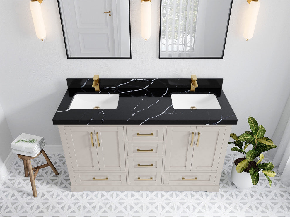 Boston 60" Double Bathroom Vanity in Fine Grain 2" Calacatta Black