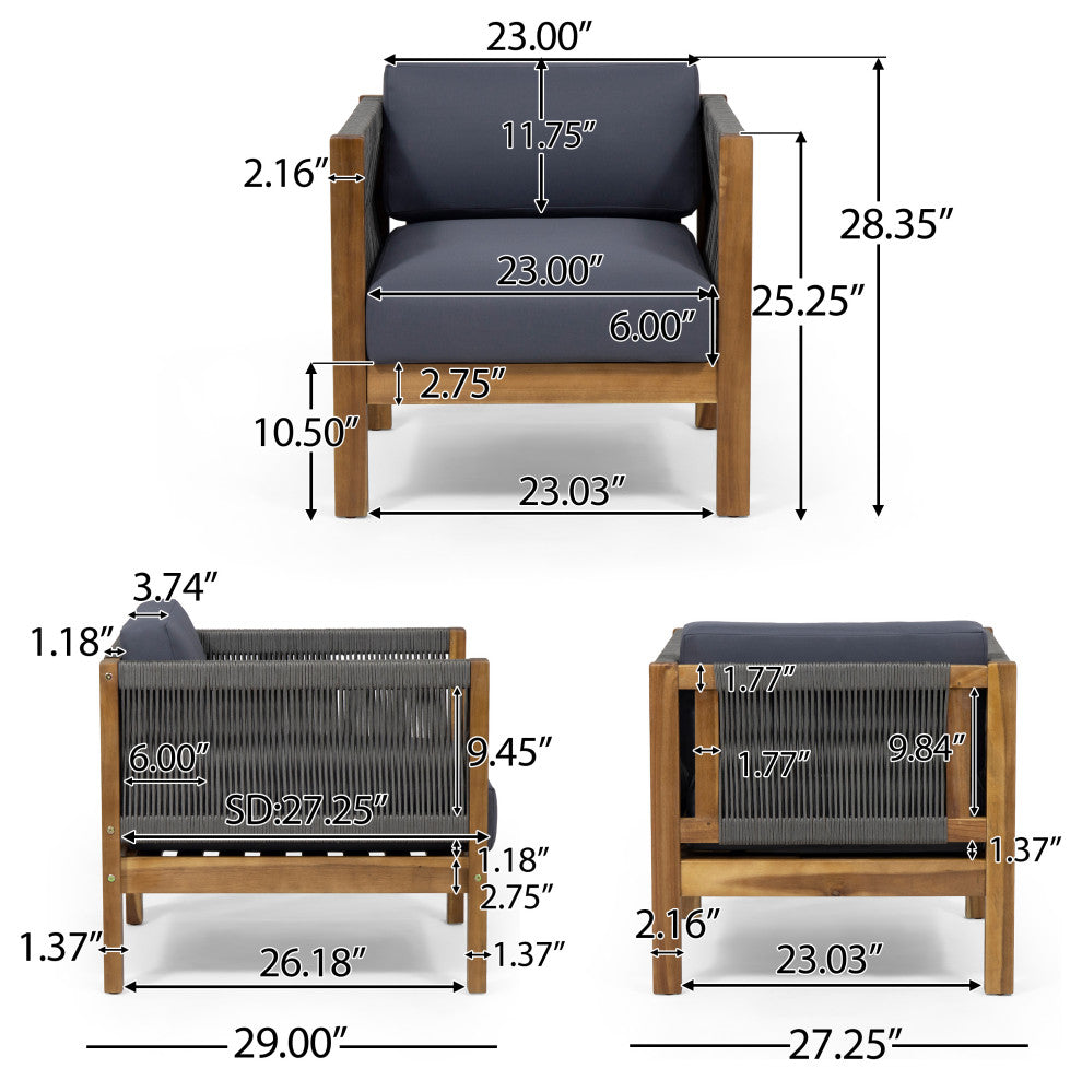 Charlotte Outdoor Acacia Wood and Rope Club Chair, Single