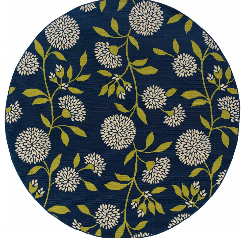 7' Round Indigo And Lime Green Floral Indoor Outdoor Area Rug