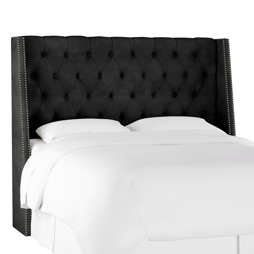 Williams California King Nail Button Tufted Wingback, Velvet Black