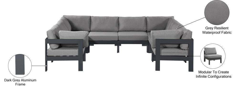 Nizuc Water Resistant Patio U-Shaped Modular Sectional, Gray, 8-Piece: 4 Armless Chair, 4 Corner Chair, Dark Gray Aluminum Frame