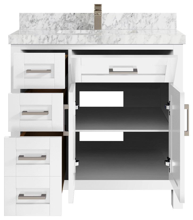 Cambridge 36 Center Sink Bath Vanity in White 2" Carrara Marble