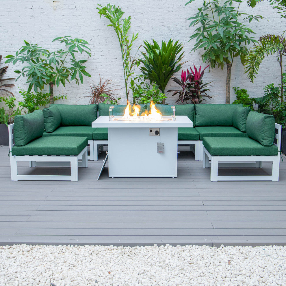 LeisureMod Chelsea 7-Piece Gray Patio Sectional With Fire Pit Table, Green