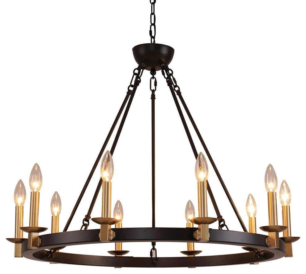 Vintage Wagon Wheel Chandelier Rust Farmhouse Pendant With Black and Gold Finish