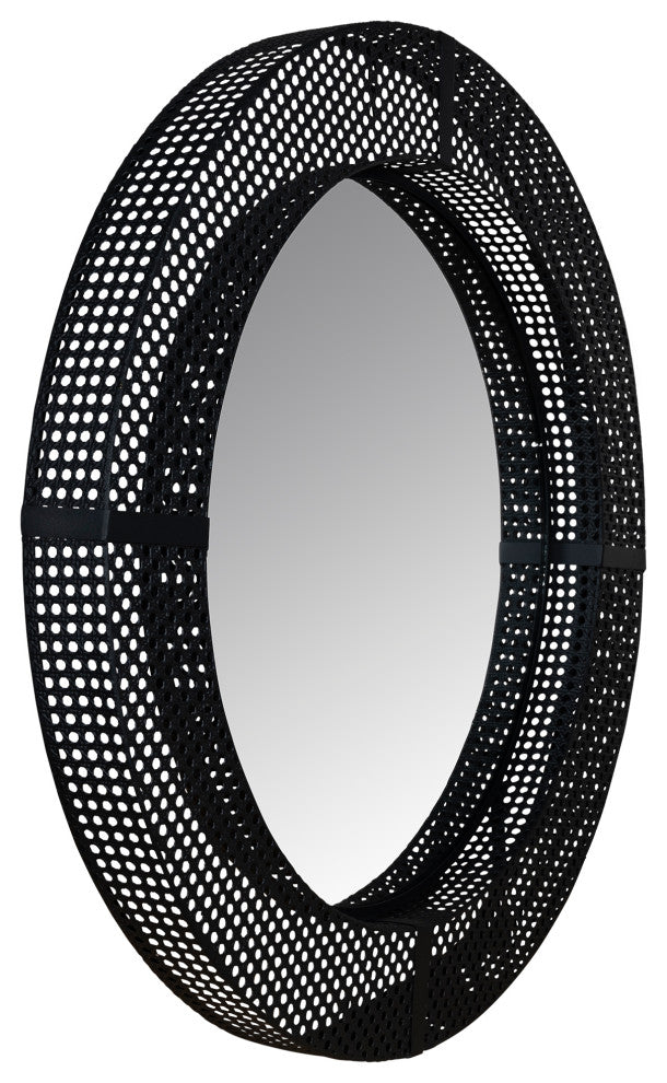 Black Metal Cane Webbing Round Wall Mirror