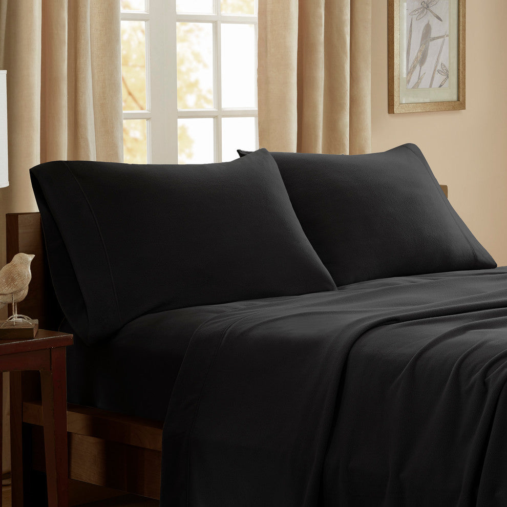 Peak Performance Knitted Micro Fleece Solid Sheet Set, Black, Queen